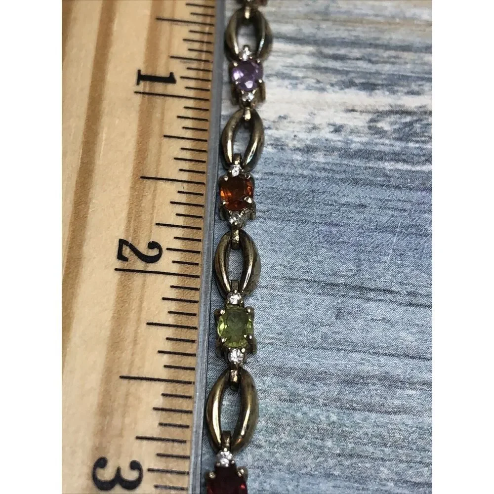 Vtg Vermeil Sterling Silver Colorful Gemstones Bracelet Amethyst‎ Topaz Garnet